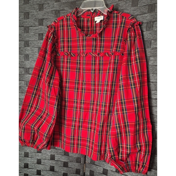J. Crew | Women's Red Tartan Plaid Ruffle Neck Blouson Sleeve Top - Picture 9 of 16